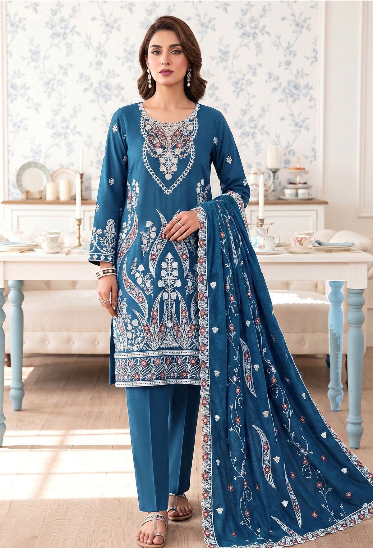 Premium Dhanak Karandi 3-Piece Embroidered Suit with Velvet Wool Shawl – Blue (Design 06)