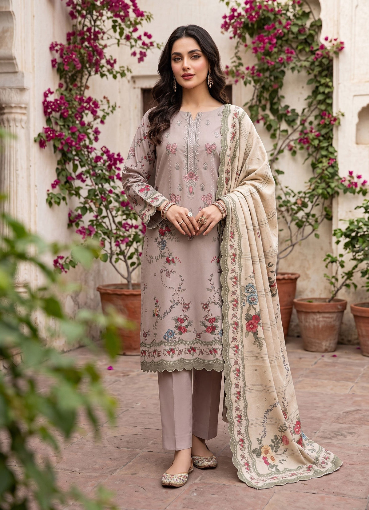 Taupe Dhanak Karandi 3-piece neckline embroidered suit with printed dupatta – Ruhaan Fabric DN 01
