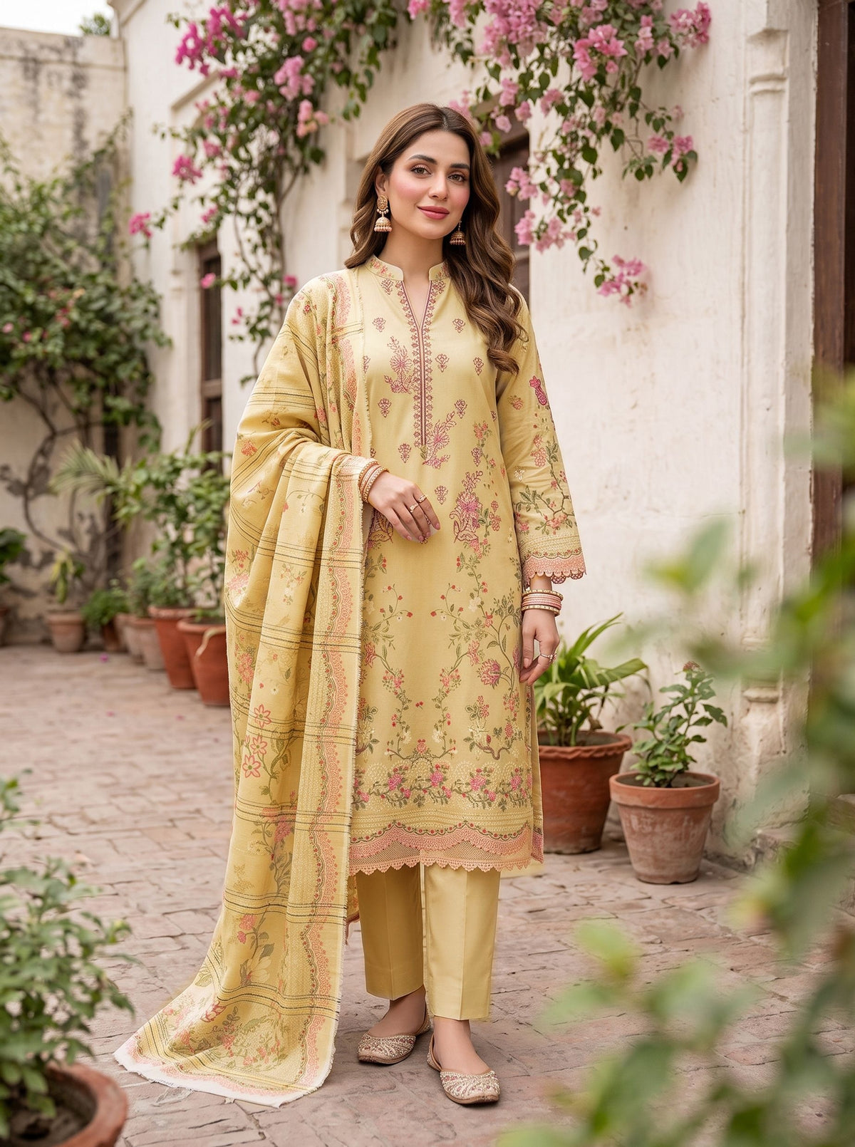 Yellow Dhanak Karandi 3-piece neckline embroidered suit with printed dupatta – Ruhaan Fabric DN 03