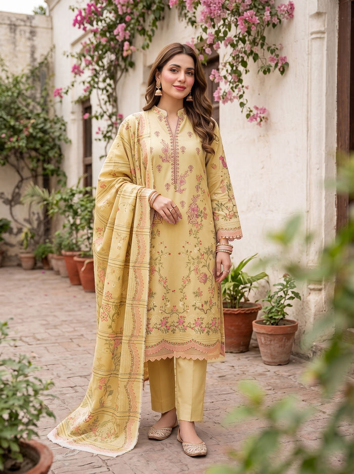 Yellow Dhanak Karandi 3-piece neckline embroidered suit with printed dupatta – Ruhaan Fabric DN 03