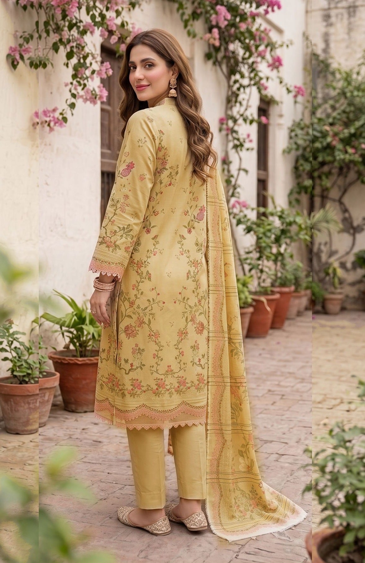 Yellow Dhanak Karandi 3-piece embroidered suit back view – Ruhaan Fabric DN 03