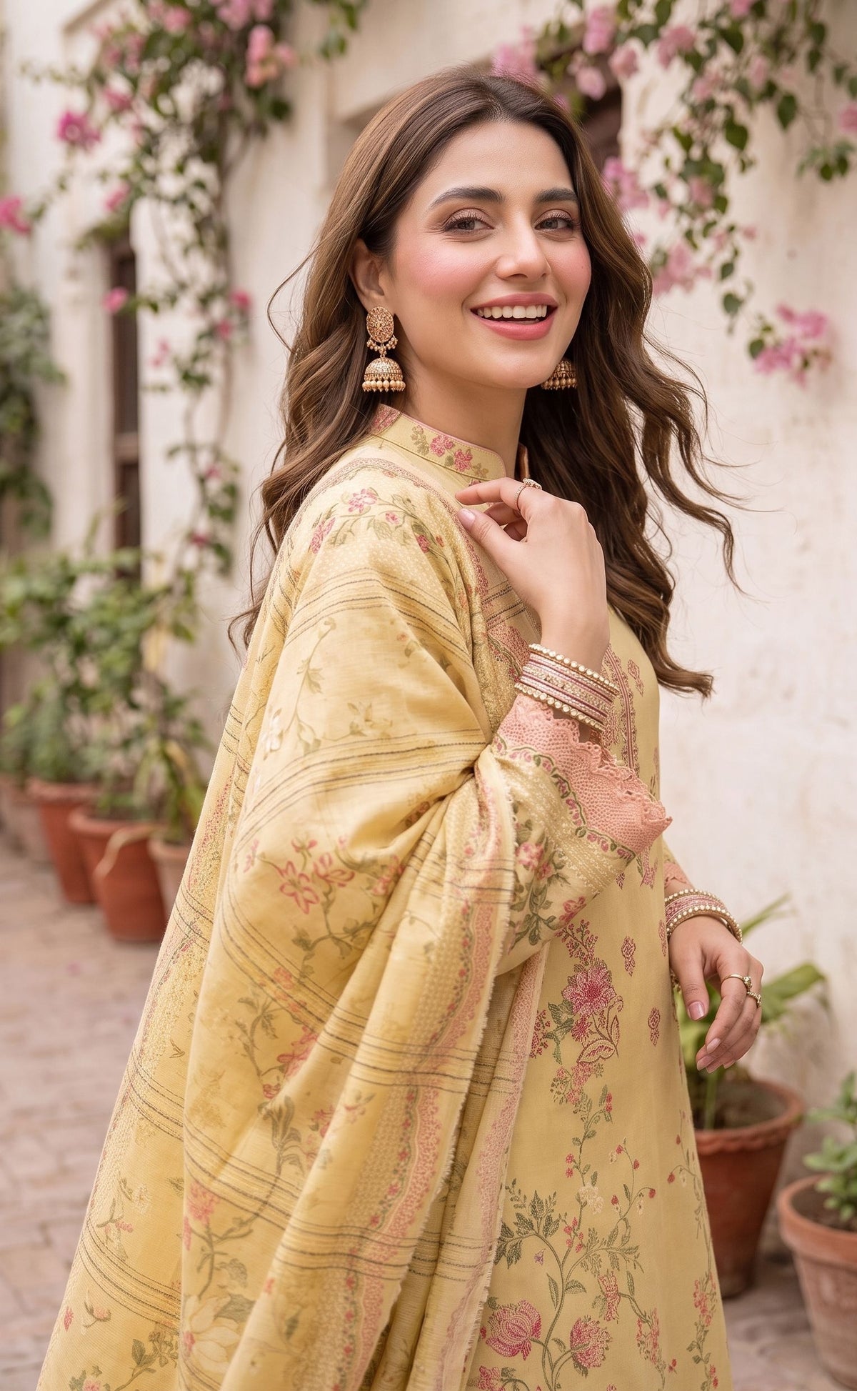 Yellow Dhanak Karandi suit with embroidered neckline close-up – Ruhaan Fabric DN 03
