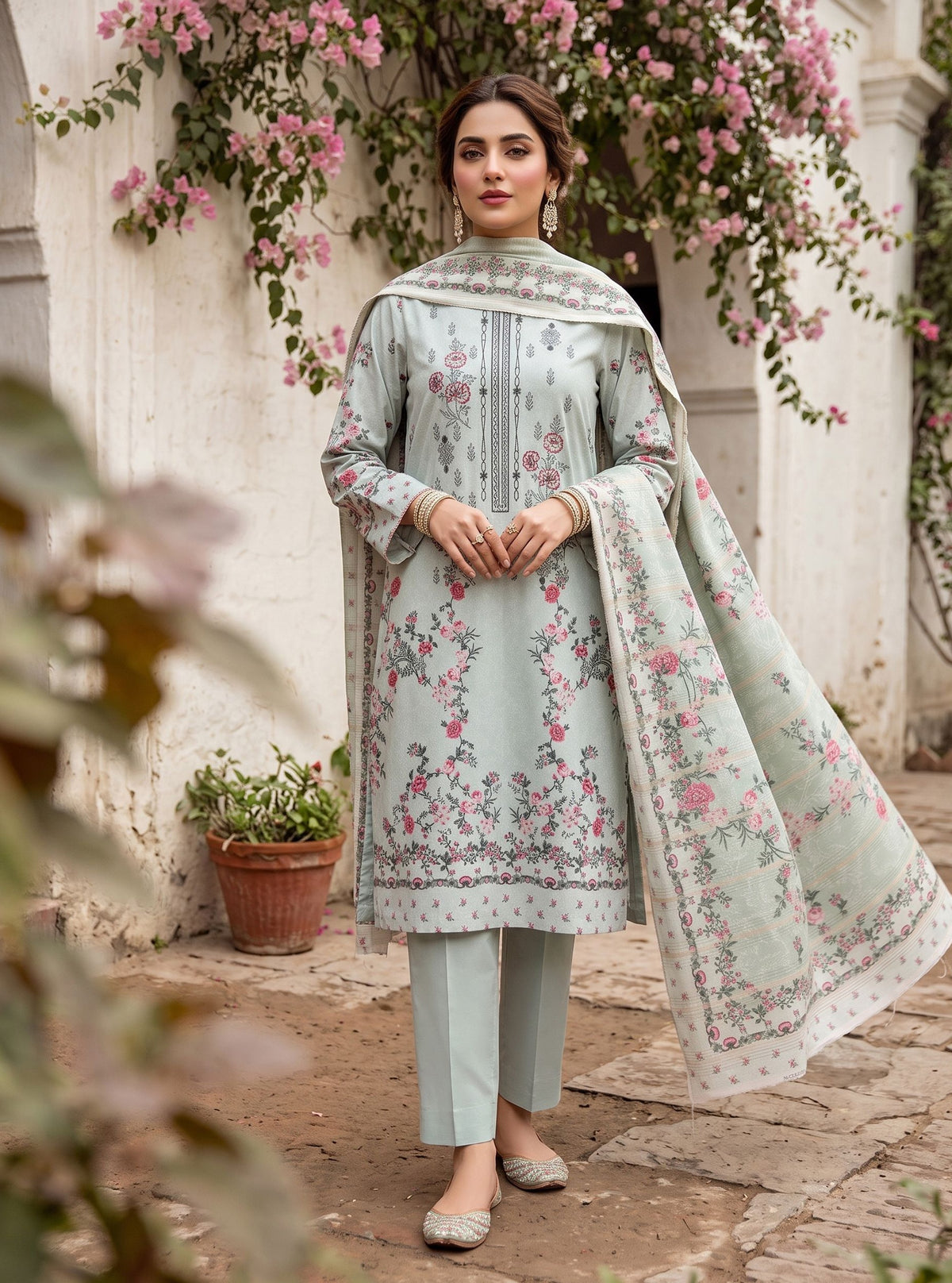 Mint Green Dhanak Karandi 3-piece neckline embroidered suit with printed dupatta – Ruhaan Fabric DN 04