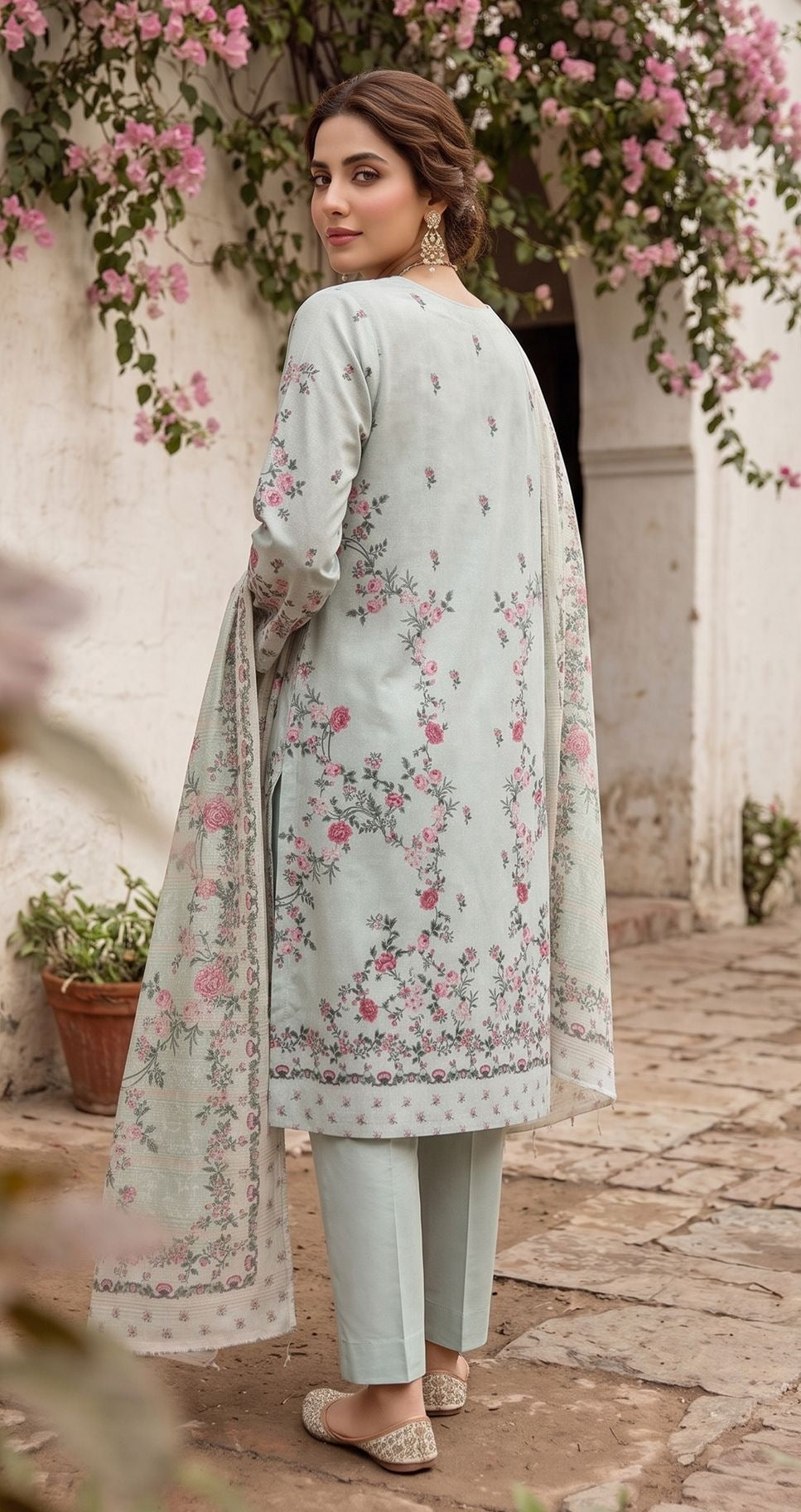 Mint Green Dhanak Karandi 3-piece embroidered suit back view – Ruhaan Fabric DN 04