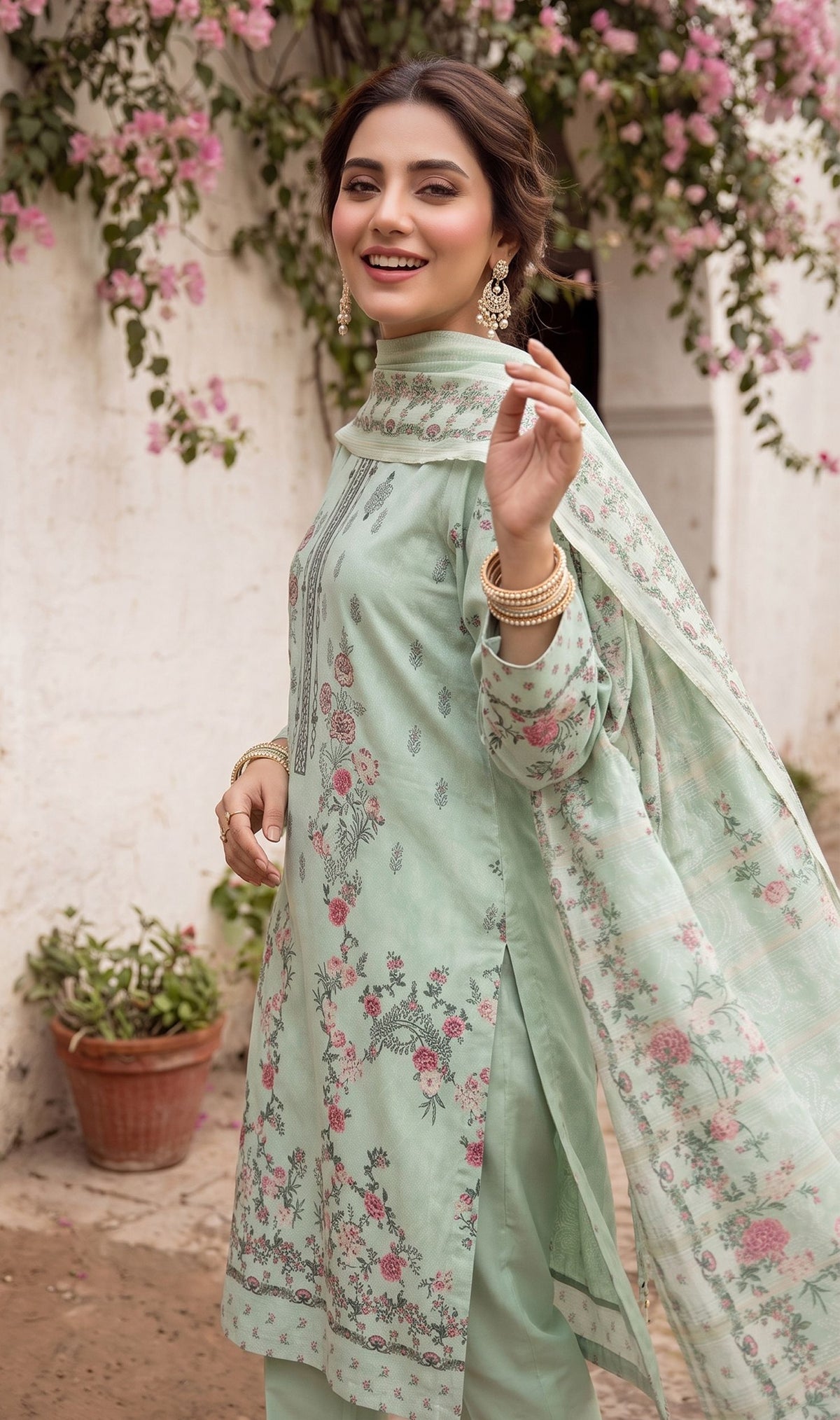 Mint Green Dhanak Karandi suit with embroidered neckline close-up – Ruhaan Fabric DN 04