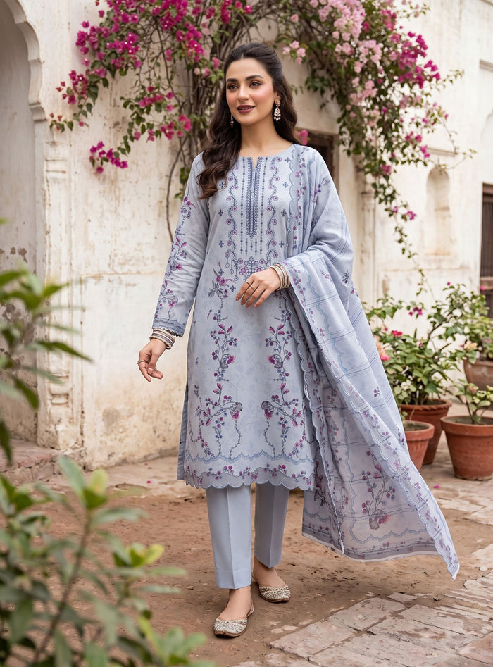 Lavender Blue Dhanak Karandi 3-piece neckline embroidered suit with printed dupatta – Ruhaan Fabric DN 05