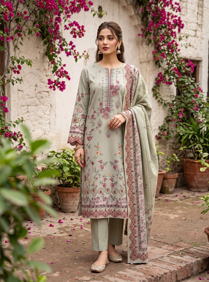 Sage Green Dhanak Karandi 3-piece neckline embroidered suit with printed dupatta – Ruhaan Fabric DN 06