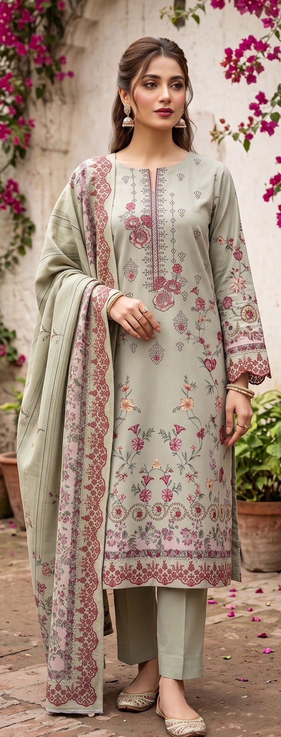 Sage Green Dhanak Karandi suit with embroidered neckline close-up – Ruhaan Fabric DN 06