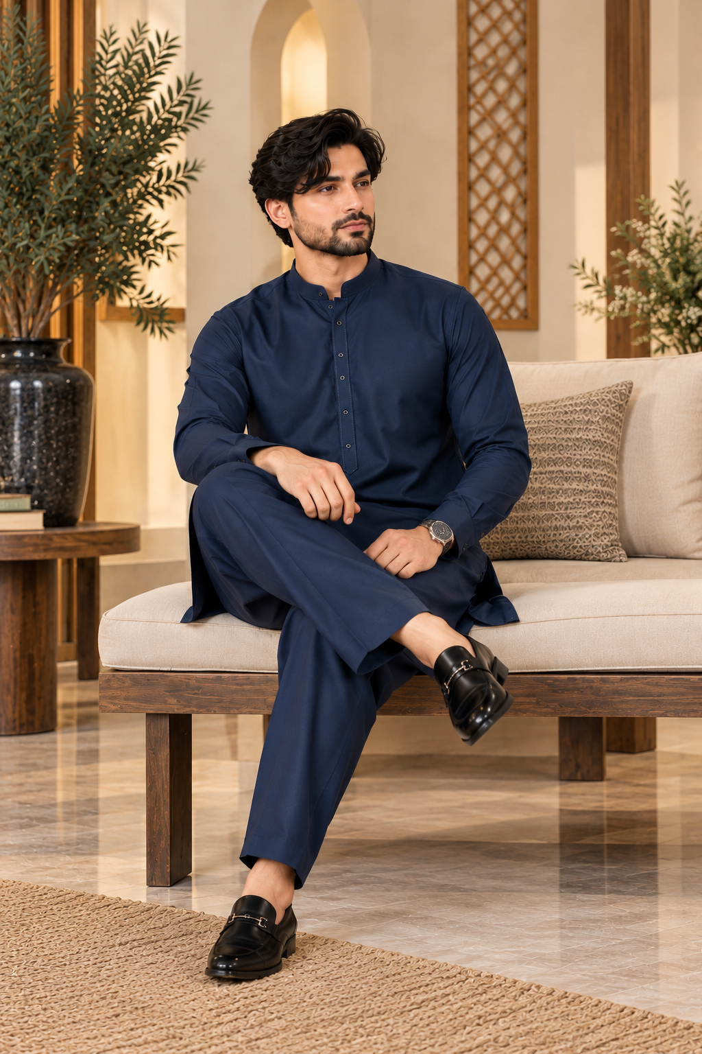 RUHAAN Fabric | Navy Blue Kurta Shalwar D-5001