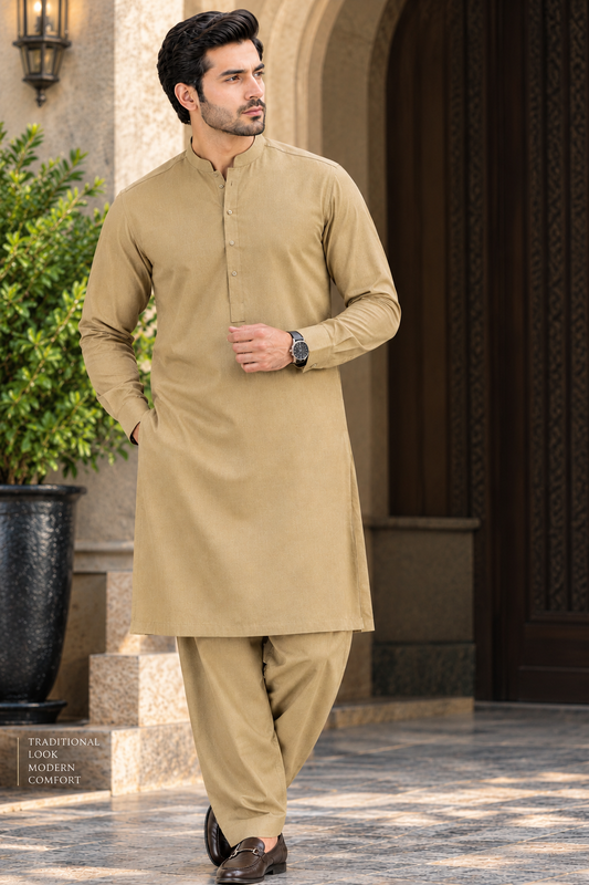Beige winter cotton suit for men by Ruhaan Fabric