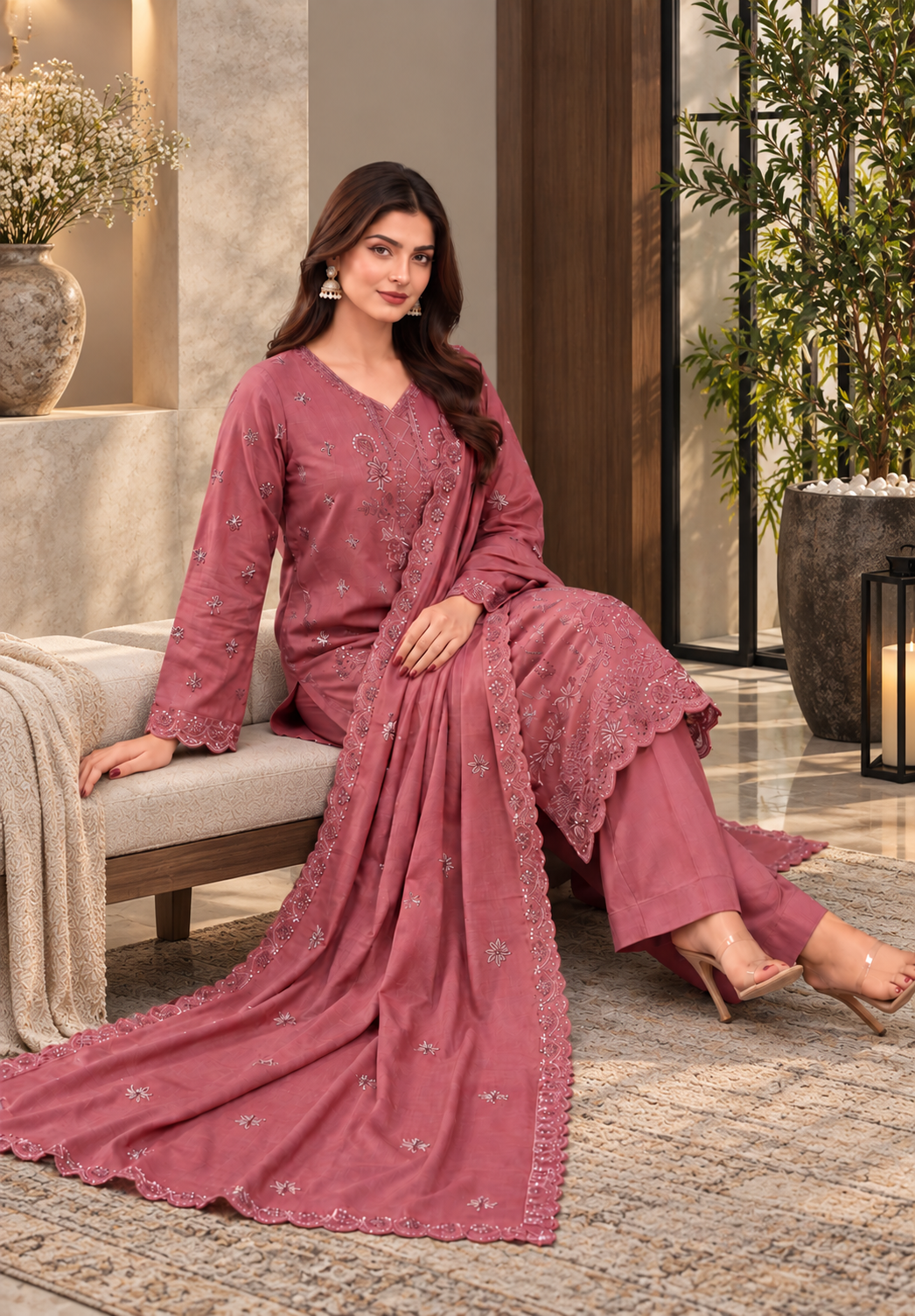 Premium Viscose Embroidered 3-Piece Suit with Bamber Dupatta & Shawl – D-1807