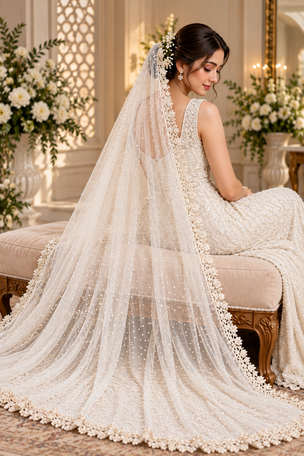Luxury Ivory Bridal Gown with Embellished Long Veil | Premium Wedding Collection