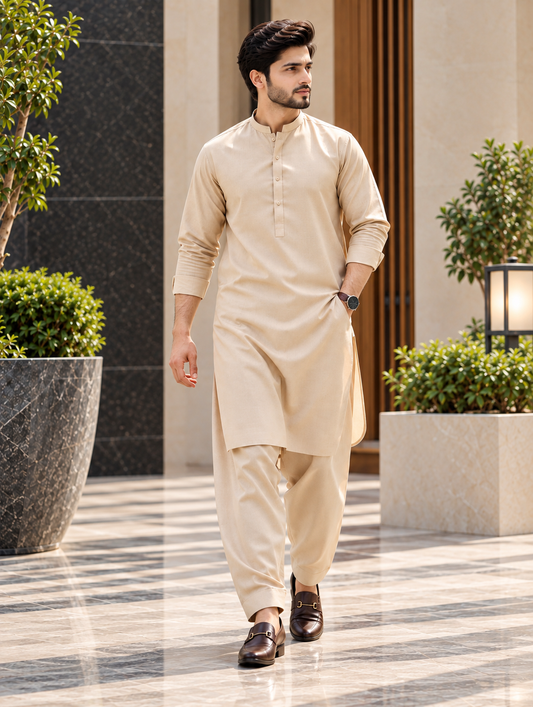 Premium Beige Wash & Wear Shalwar Kameez – Classic Comfort D-5004