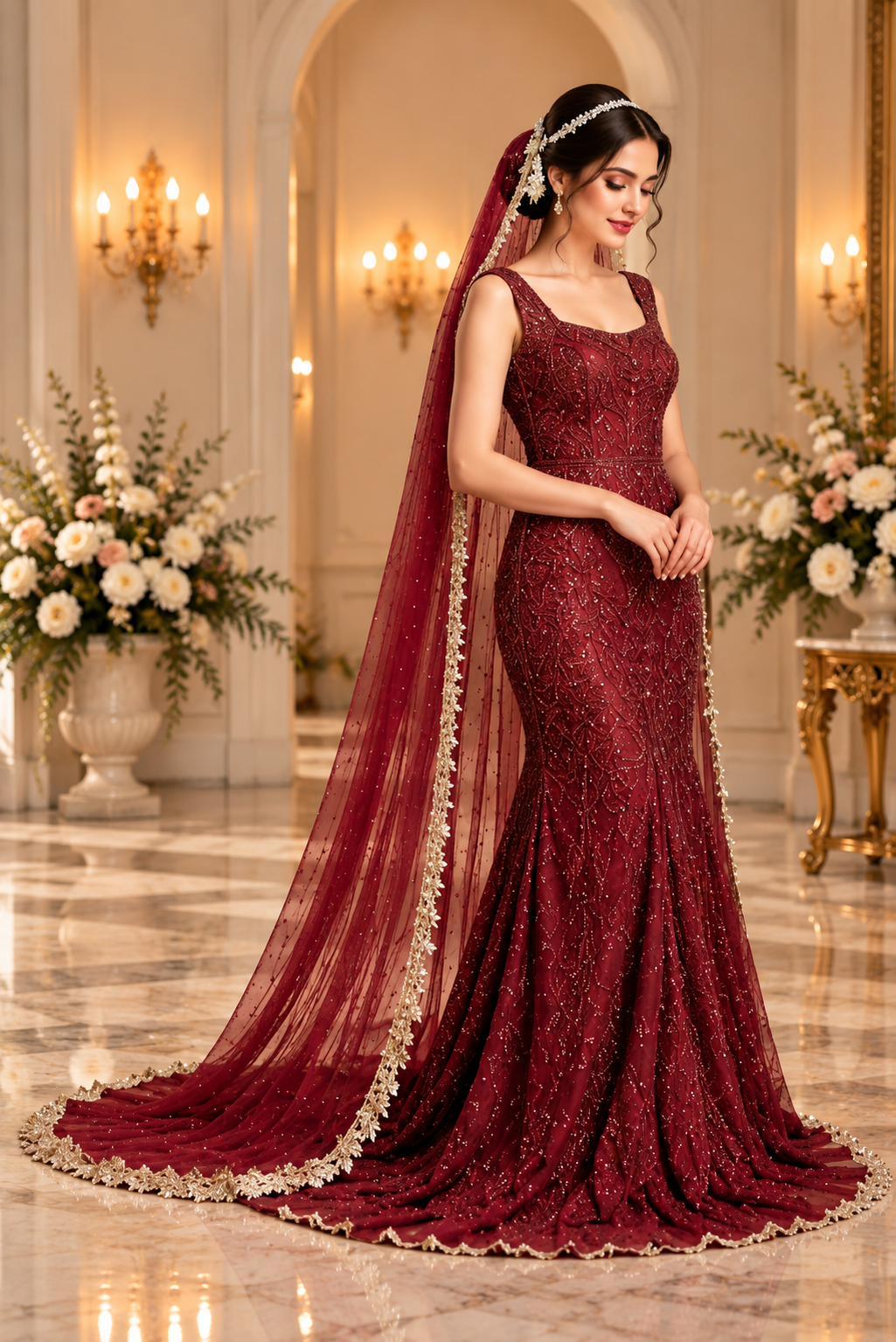 Luxury Burgundy Bridal Gown with Embellished Long Veil | Premium Wedding Collection