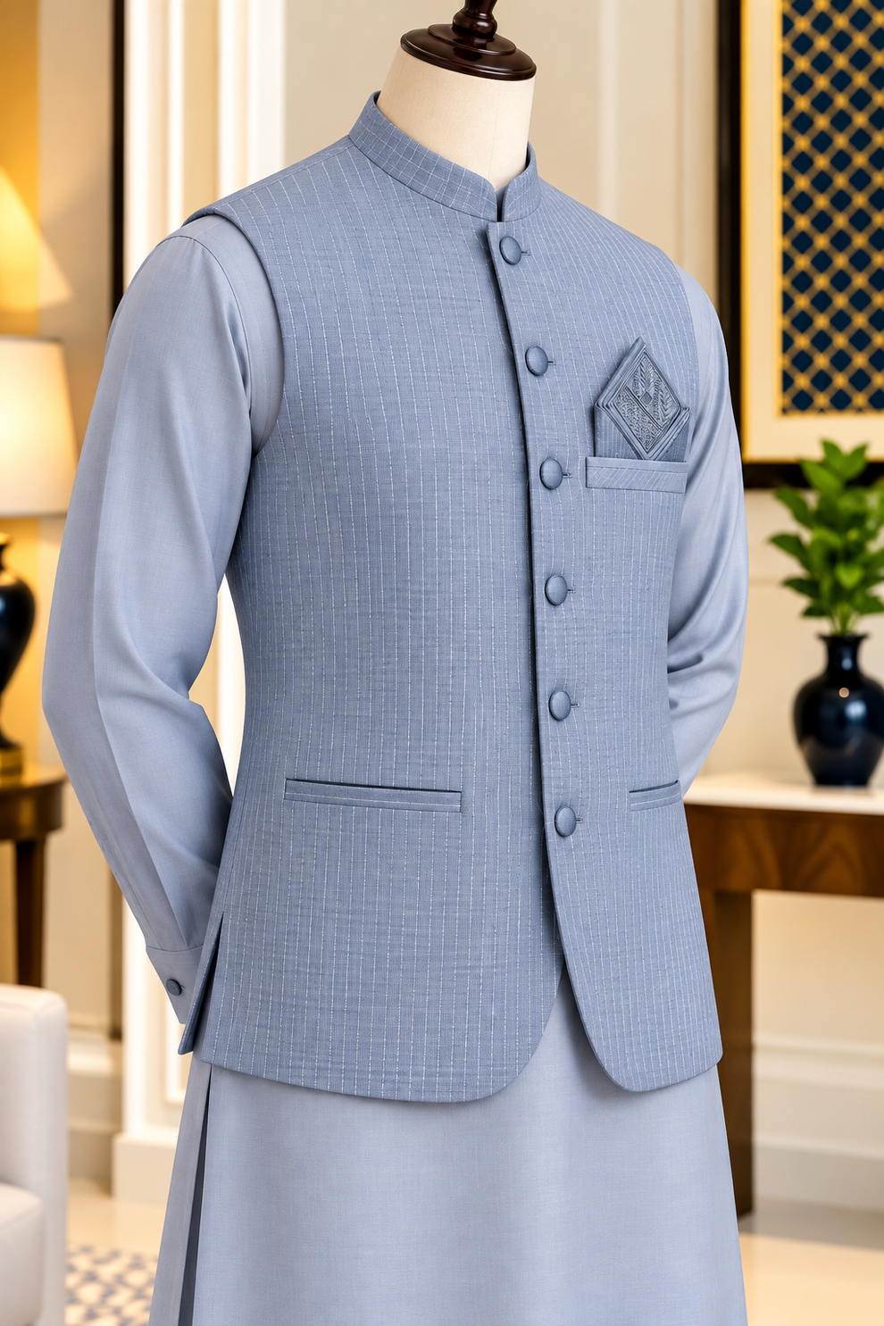 Virsa by Ruhaan Fabric steel blue men's suit with waistcoat