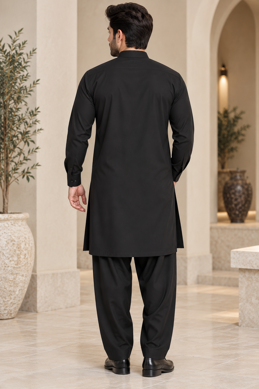 Premium Black Wash & Wear Kurta Shalwar – Classic Black D-5002
