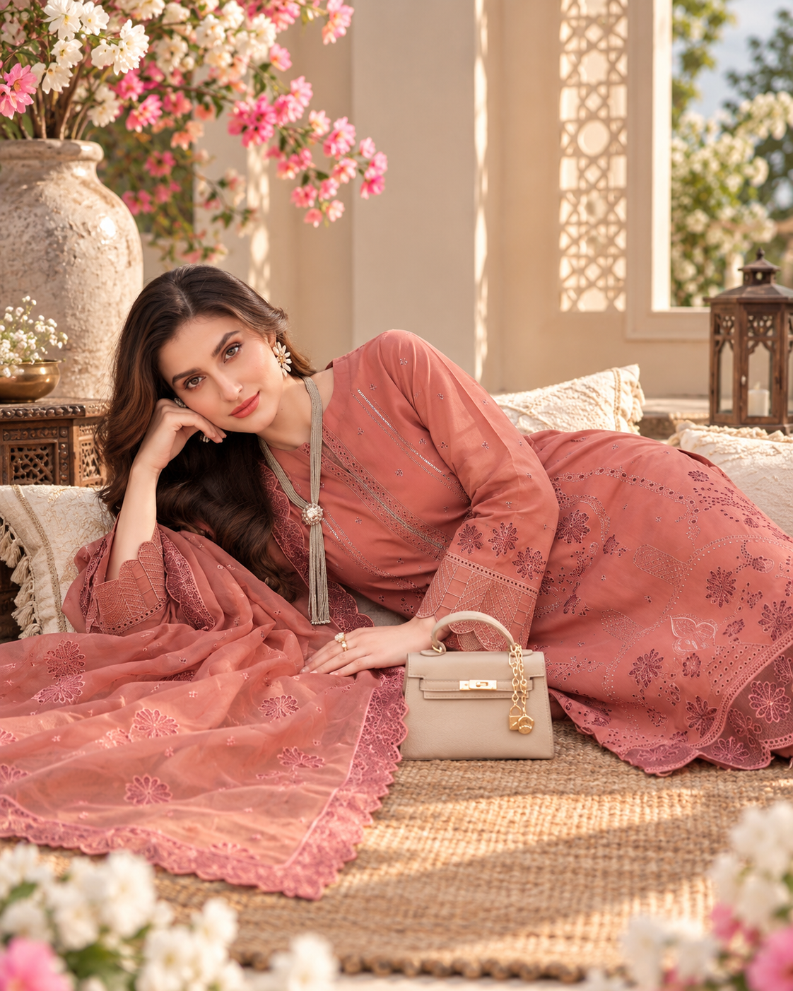 Coral Rose Embroidered 3-Piece Suit Viscose | Bamber Dupatta & Palazzo D-1804