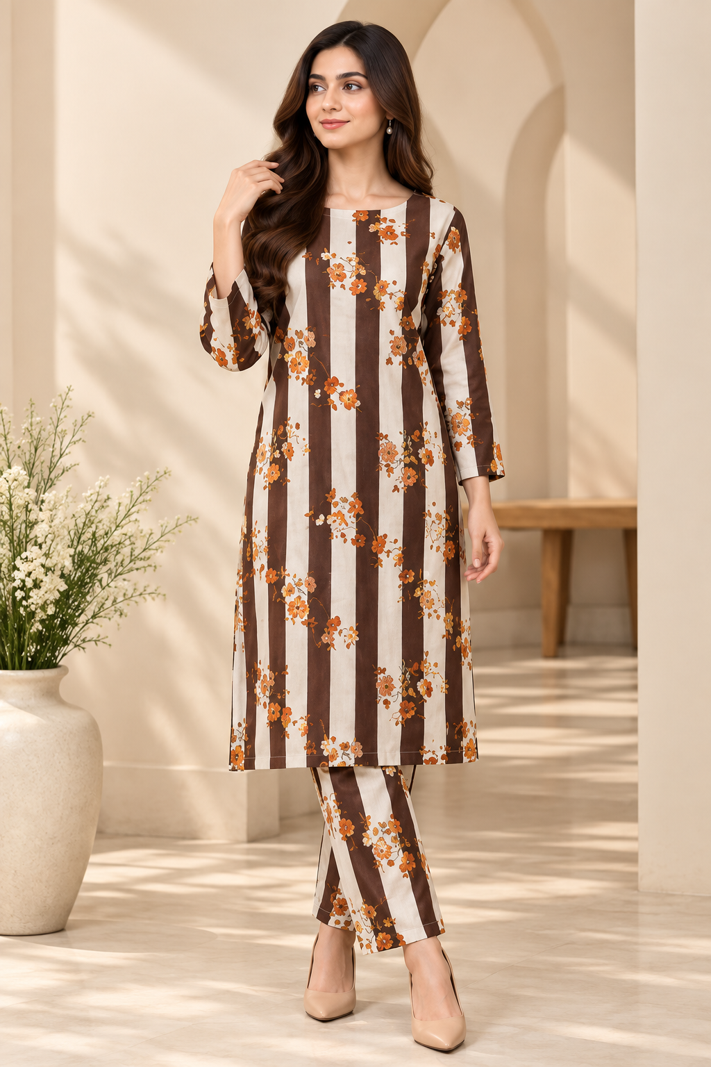 Brown Floral Striped 2-Piece Linen unstitched Suit |5Meter | D-1104