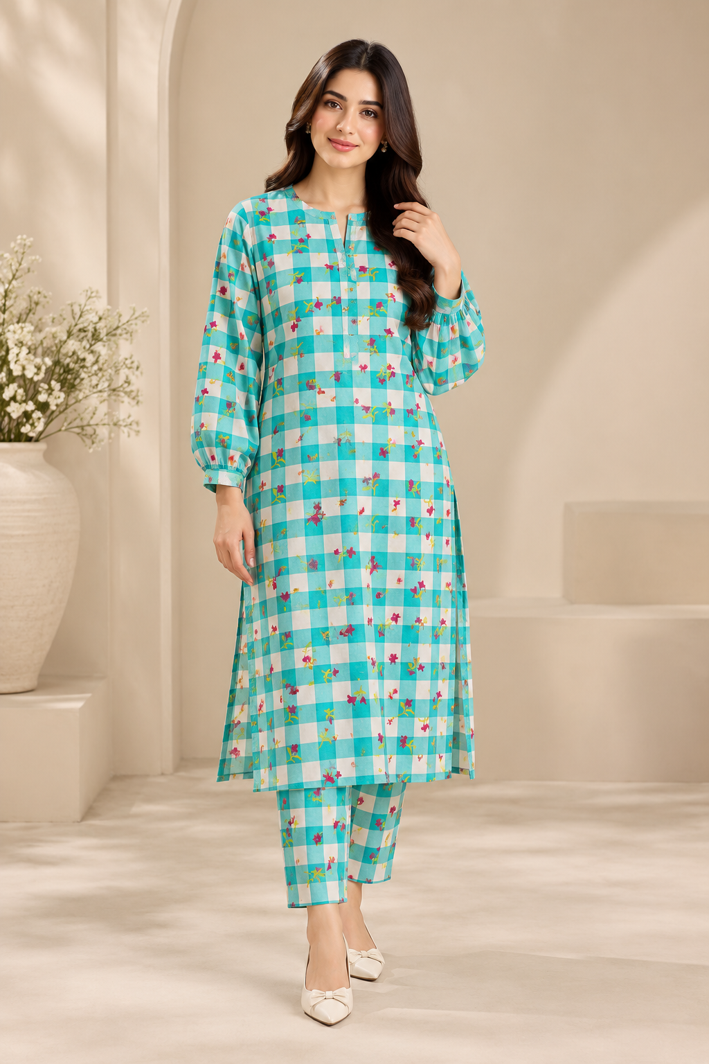 Turquoise Floral Gingham 2-Piece Unstitched Linen Suit | 5 Meter| D-1105