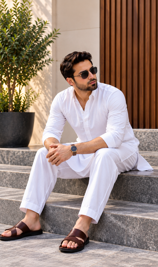 Premium Cotton Unstitched Men's Dress – White D-5003