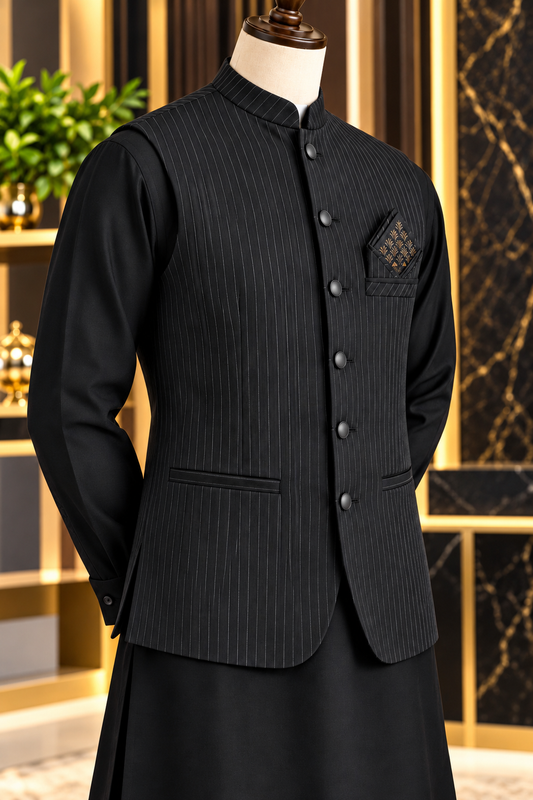 Virsa by Ruhaan Fabric black men's suit with waistcoat