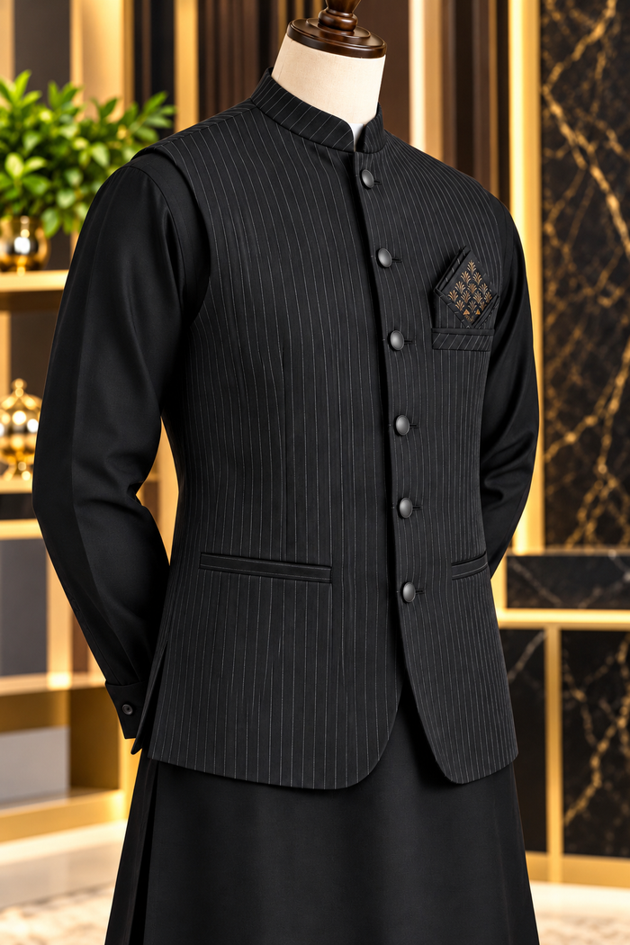 Virsa by Ruhaan Fabric black men's suit with waistcoat