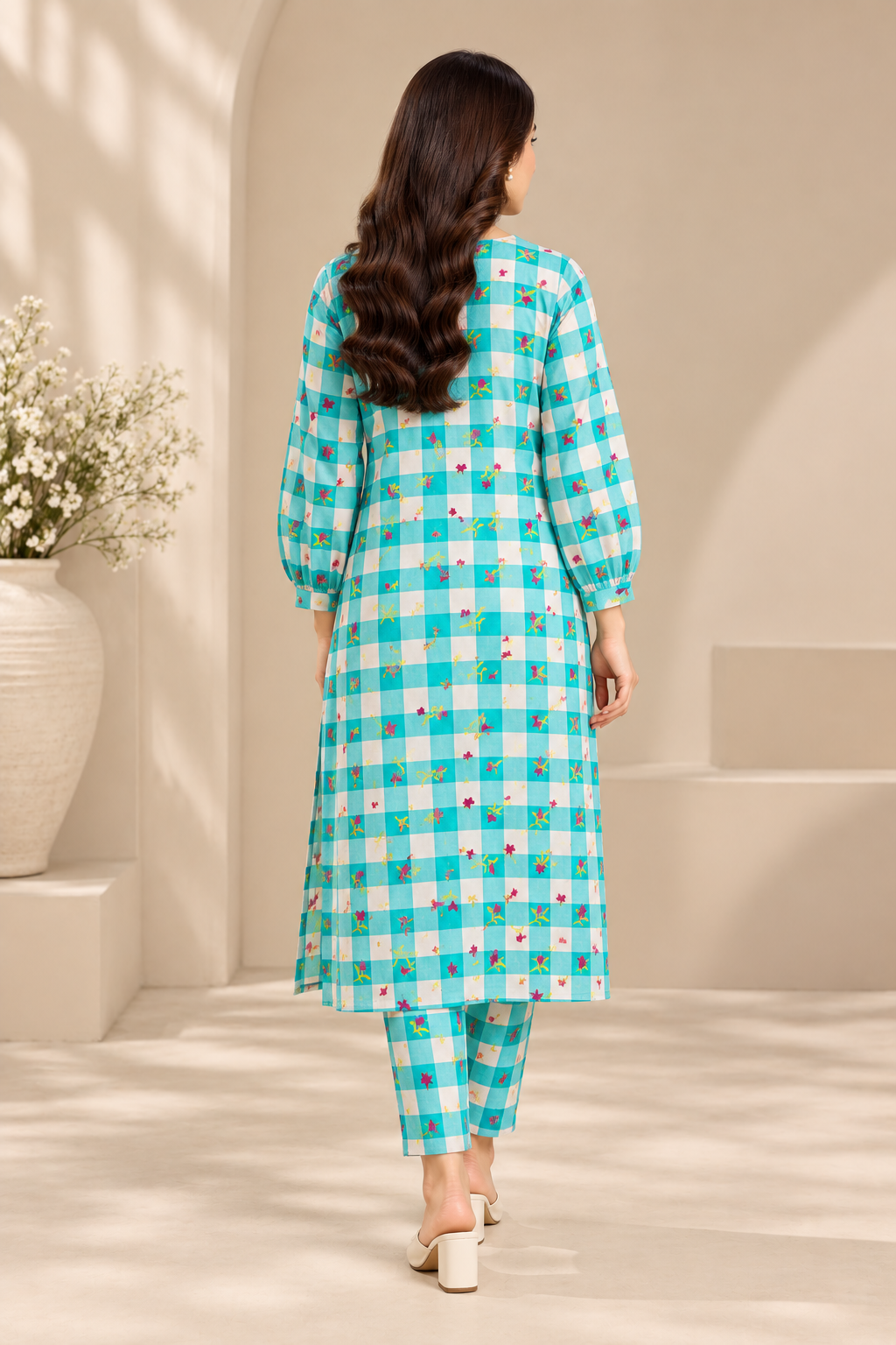 Turquoise Floral Gingham 2-Piece Unstitched Linen Suit | 5 Meter| D-1105