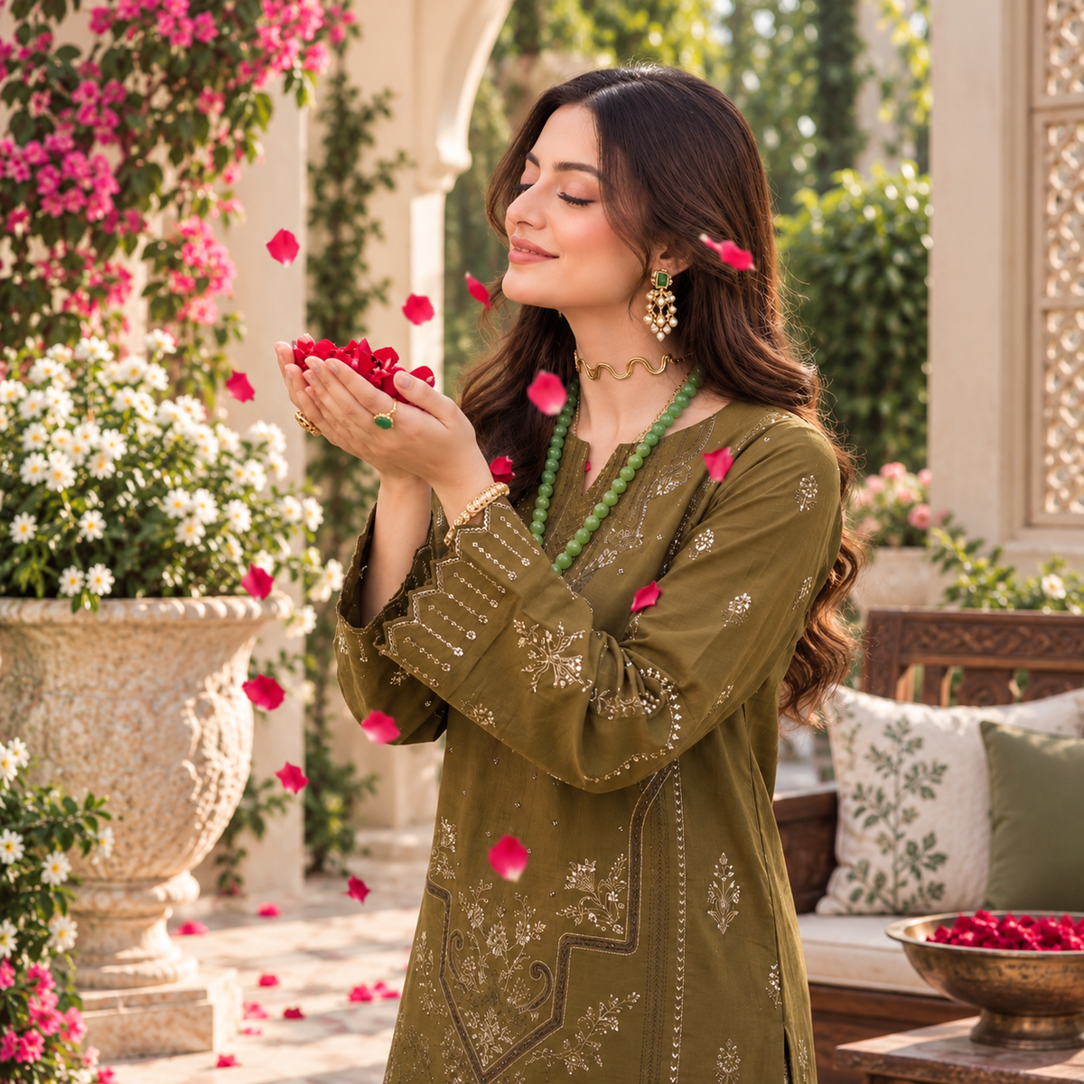 Olive Green Embroidered 3-Piece Suit Viscose | Bamber Dupatta & Palazzo D-1803