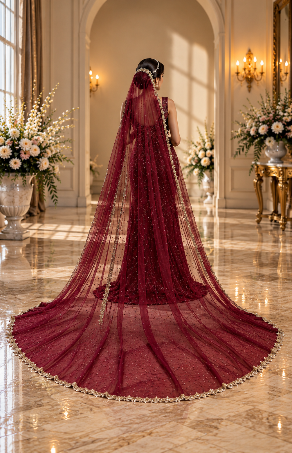 Luxury Burgundy Bridal Gown with Embellished Long Veil | Premium Wedding Collection