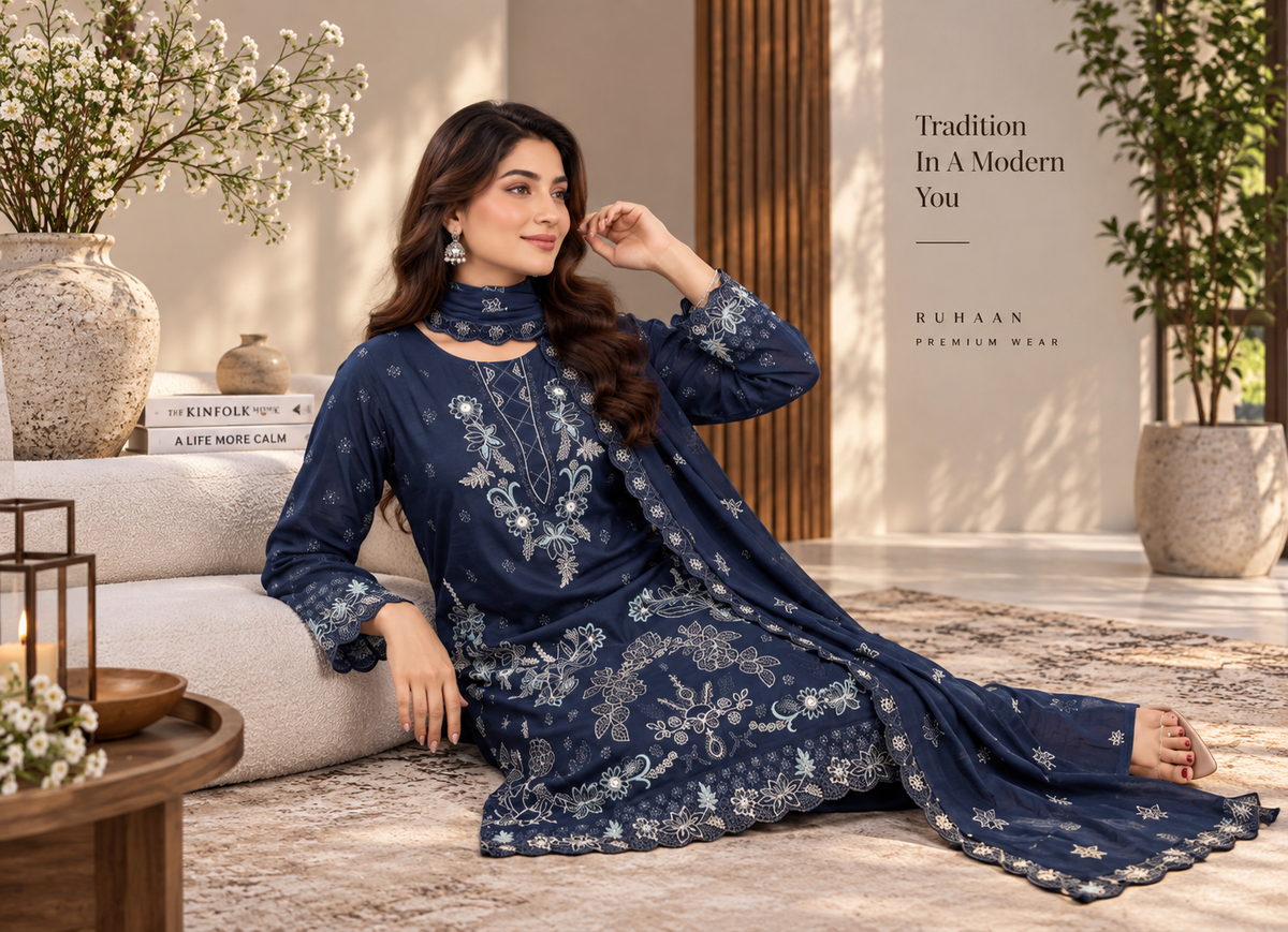 Premium Viscose Embroidered 3-Piece Suit with Bamber Dupatta & Shawl – D-1808