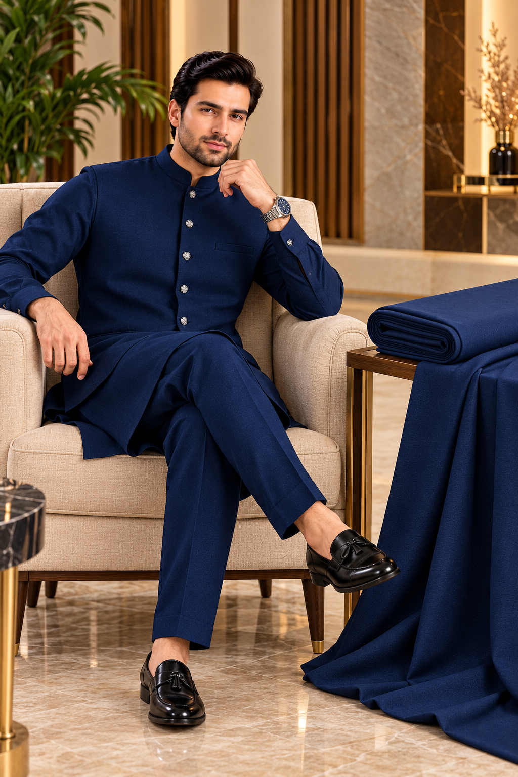 Premium Navy Blue Men's Unstitched Suit & Waistcoat Fabric | Ruhaan