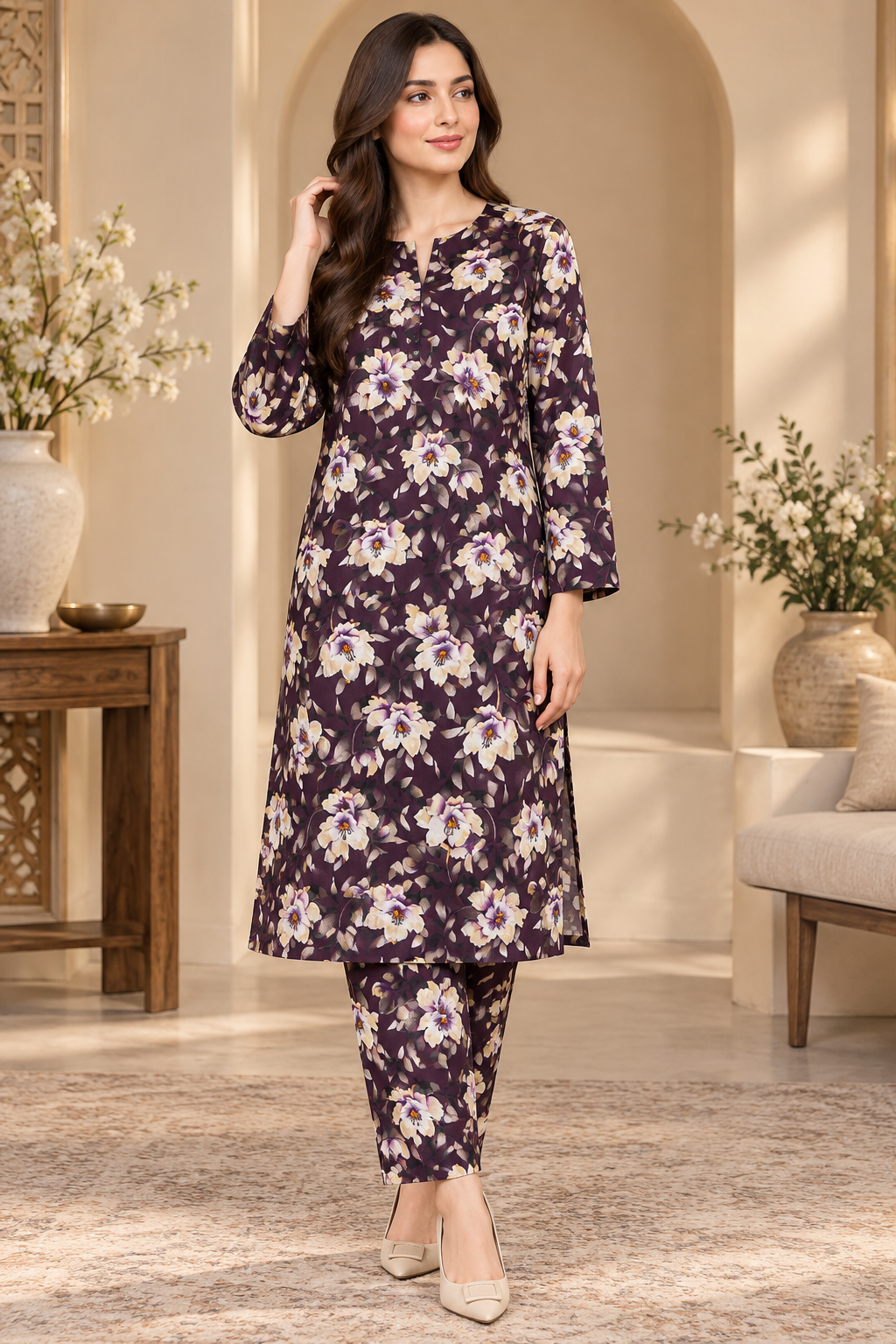 Premium Printed Linen 2-Piece Unstitched Suit – Floral Print | 5 Meter D-1102