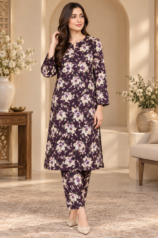 Premium Printed Linen 2-Piece Unstitched Suit – Floral Print | 5 Meter D-1102
