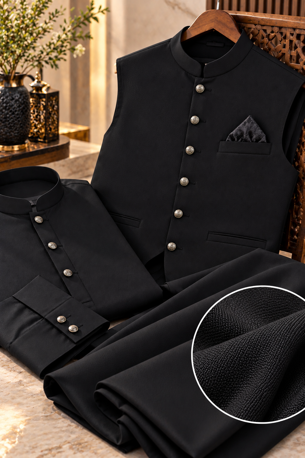 Premium Black Men's Unstitched Suit & Waistcoat Fabric | Ruhaan