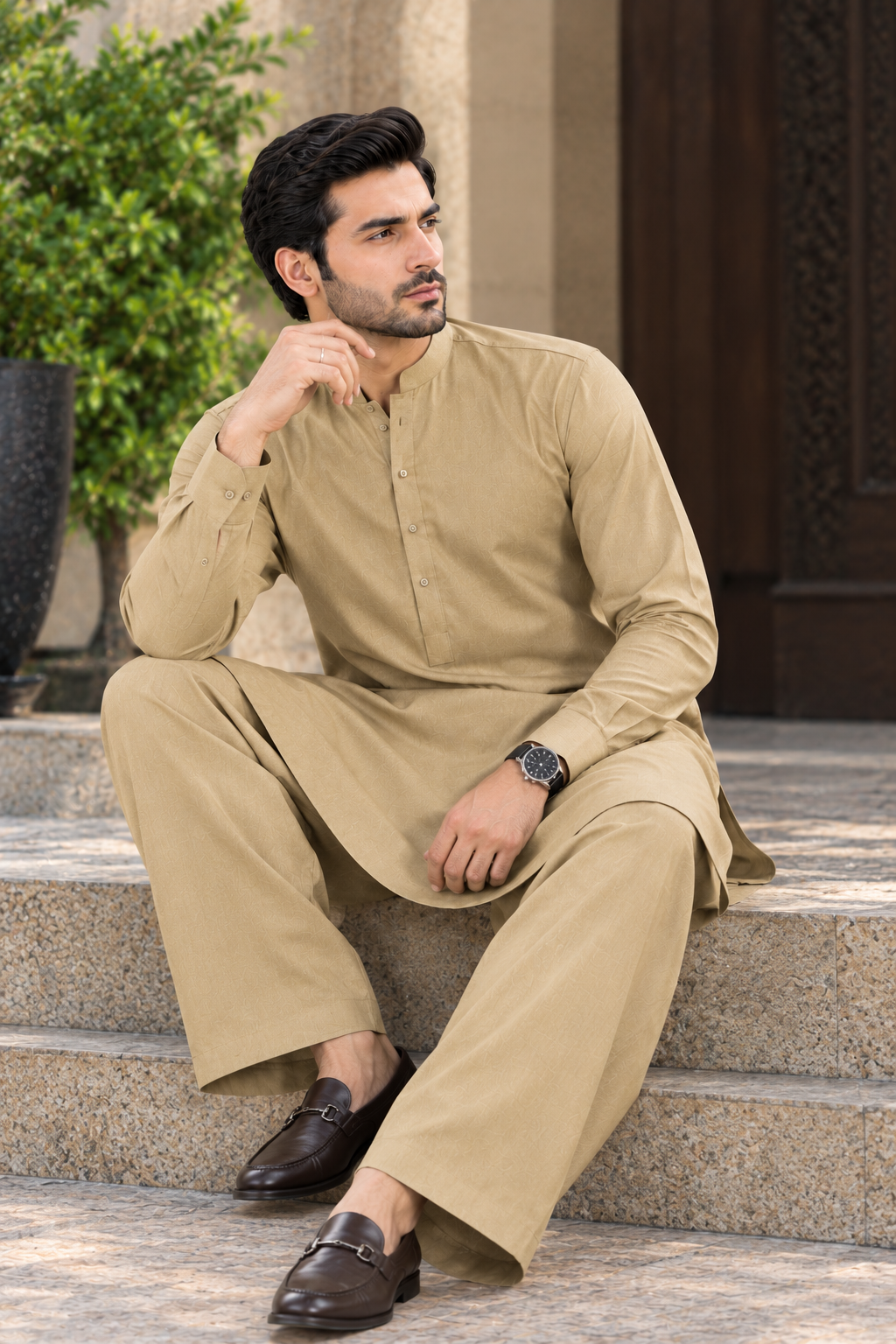 Beige winter cotton suit for men by Ruhaan Fabric - view 2
