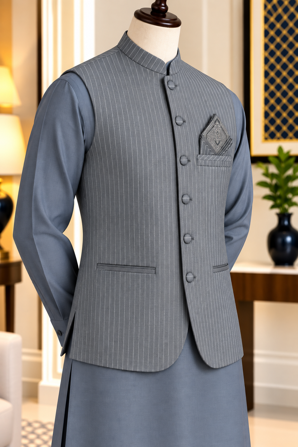 Virsa by Ruhaan Fabric grey men's suit with waistcoat