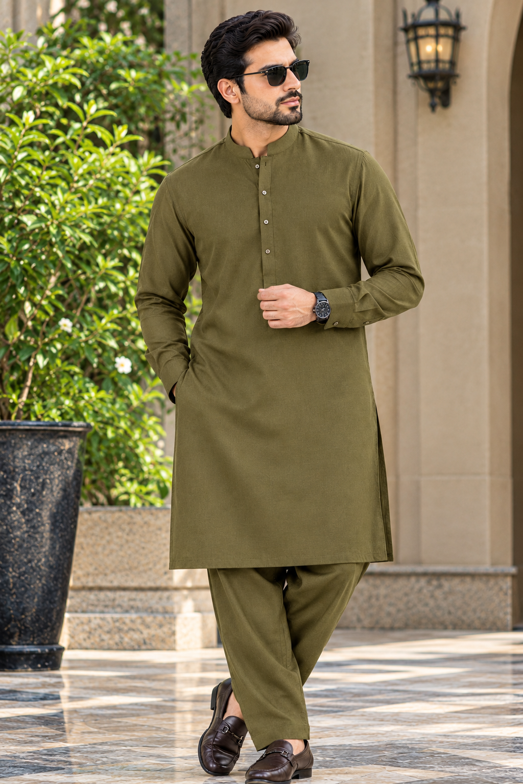 Self textured olive green men's kurta shalwar fabric by Ruhaan Fabric