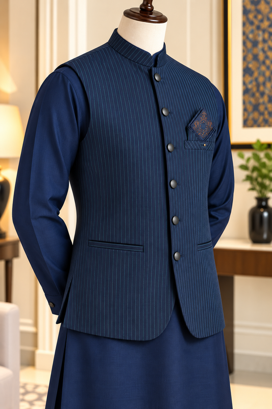 Virsa by Ruhaan Fabric blue men's suit with waistcoat