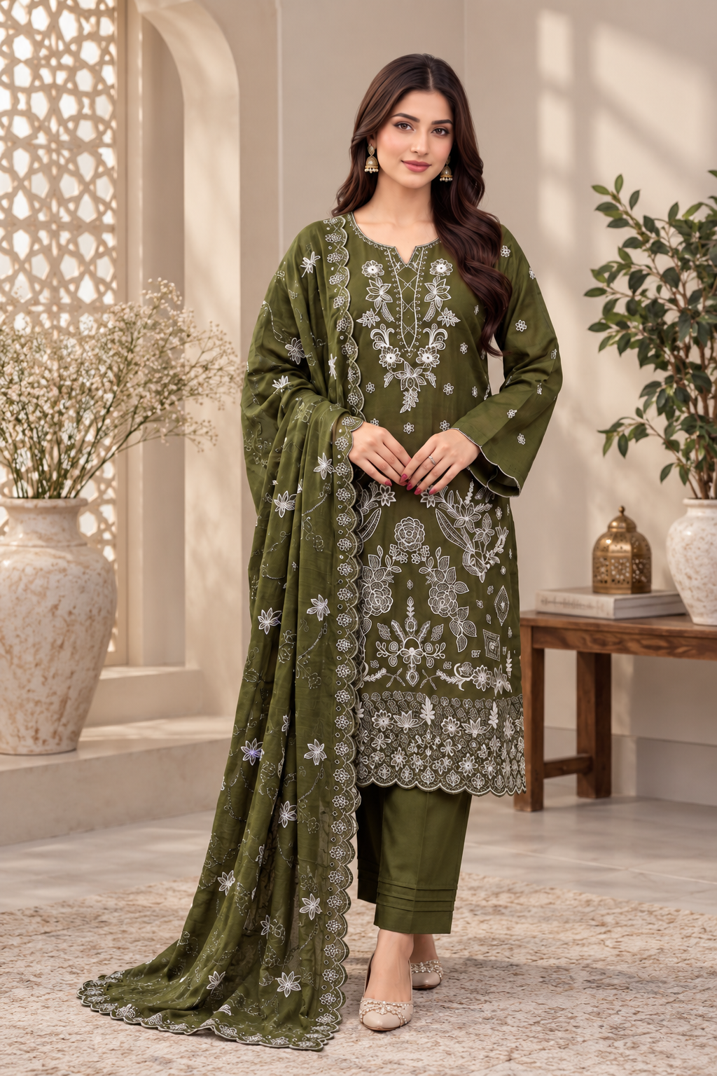 Premium Viscose Embroidered 3-Piece Suit with Bamber Dupatta & Shawl – D-1805