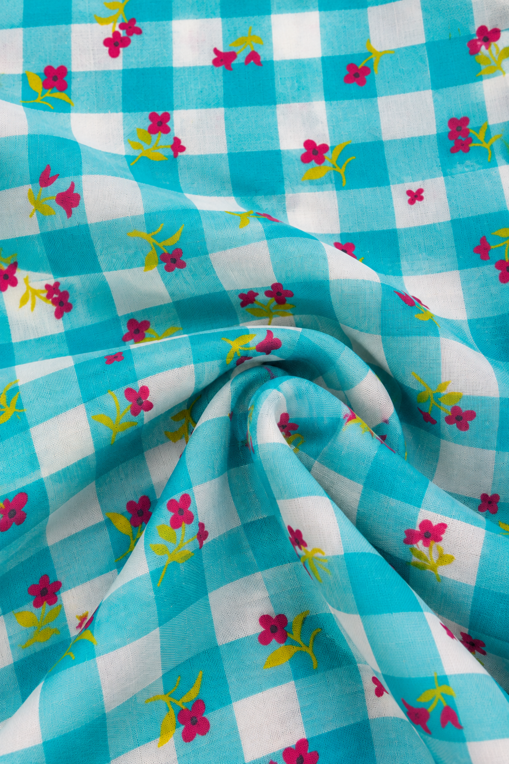 Turquoise Floral Gingham 2-Piece Unstitched Linen Suit | 5 Meter| D-1105