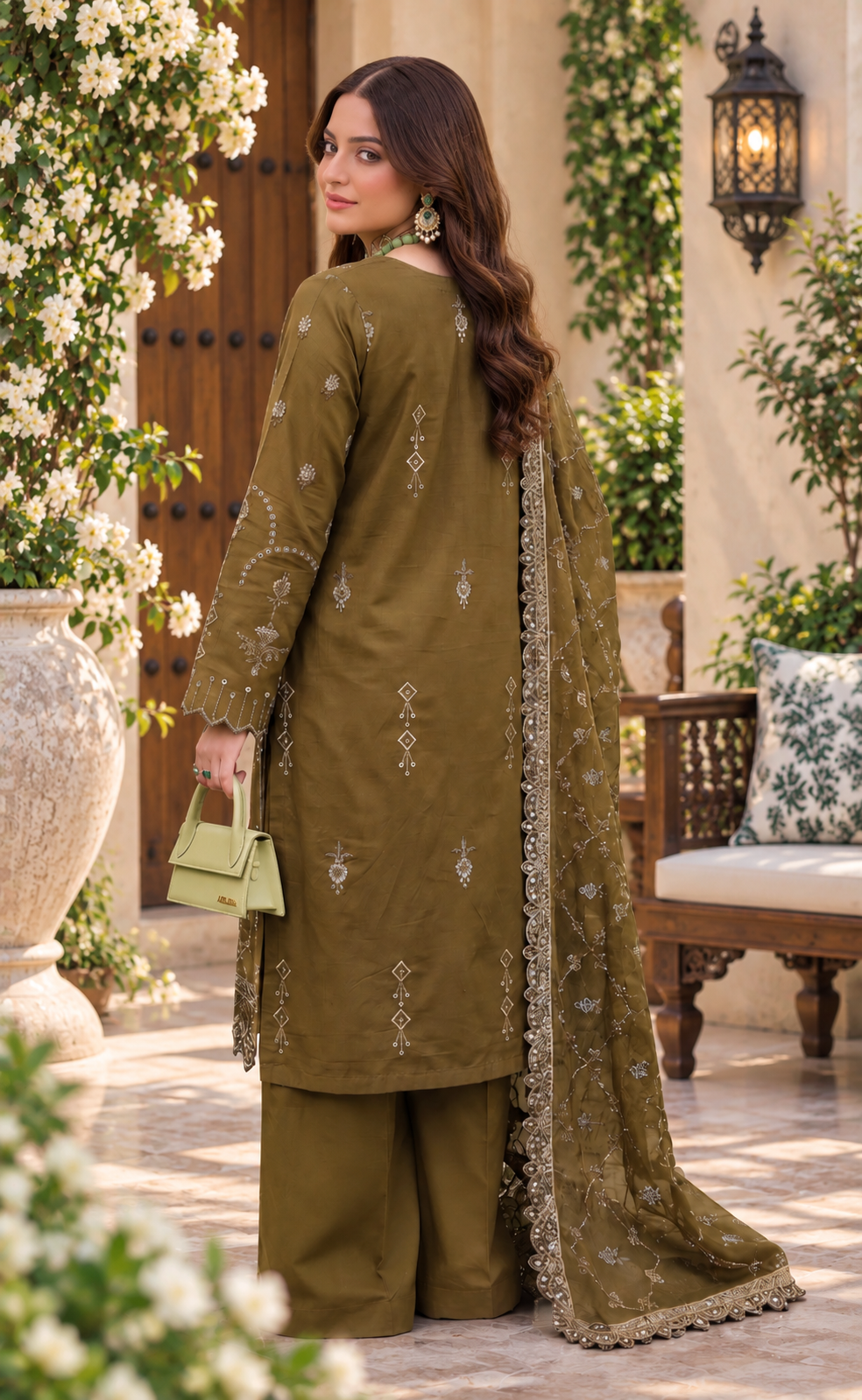 Olive Green Embroidered 3-Piece Suit Viscose | Bamber Dupatta & Palazzo D-1803