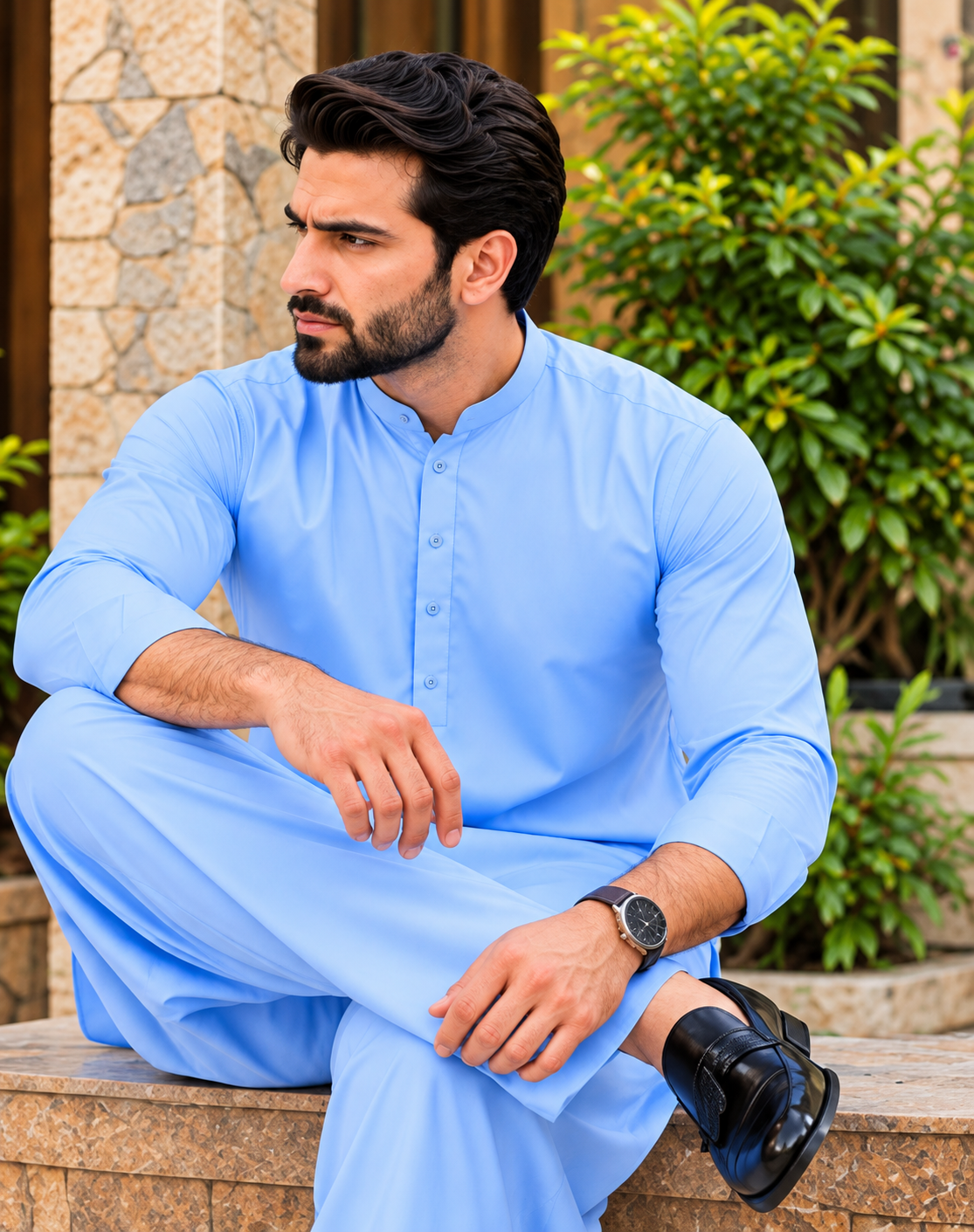 Sky blue hard cotton men's unstitched fabric by Ruhaan Fabric - view 2