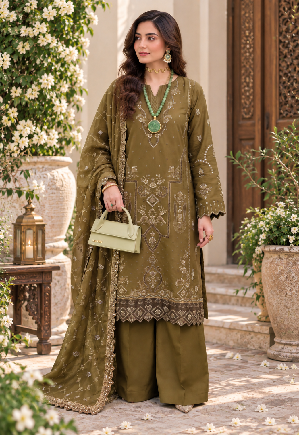 Olive Green Embroidered 3-Piece Suit Viscose | Bamber Dupatta & Palazzo D-1803