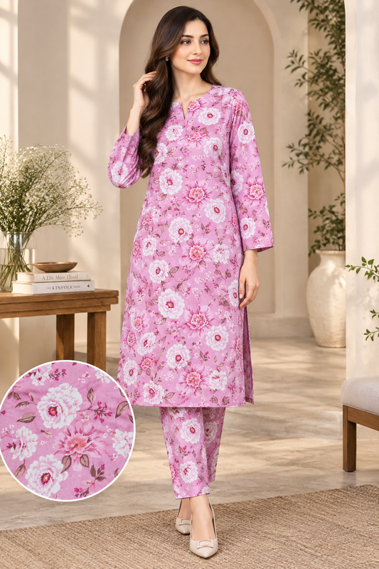 Premium Printed Linen 2-Piece Unstitched Suit – Pink Floral Print | 5 Meter D-1103