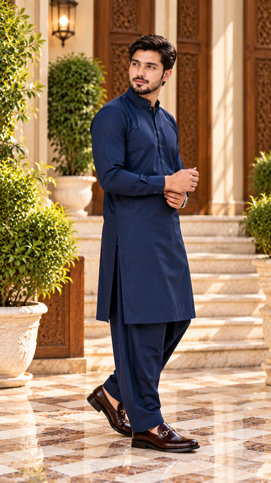 Navy blue soft cotton men's suit by Ruhaan Fabric