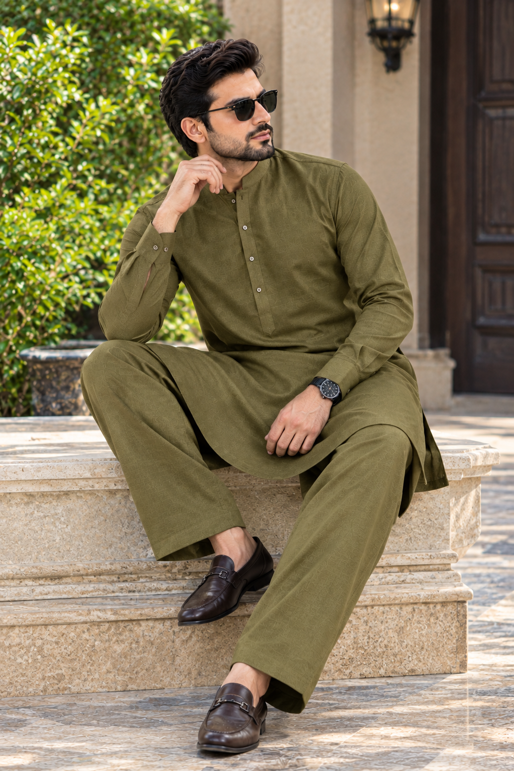 Self textured olive green men's kurta shalwar fabric by Ruhaan Fabric - view 2