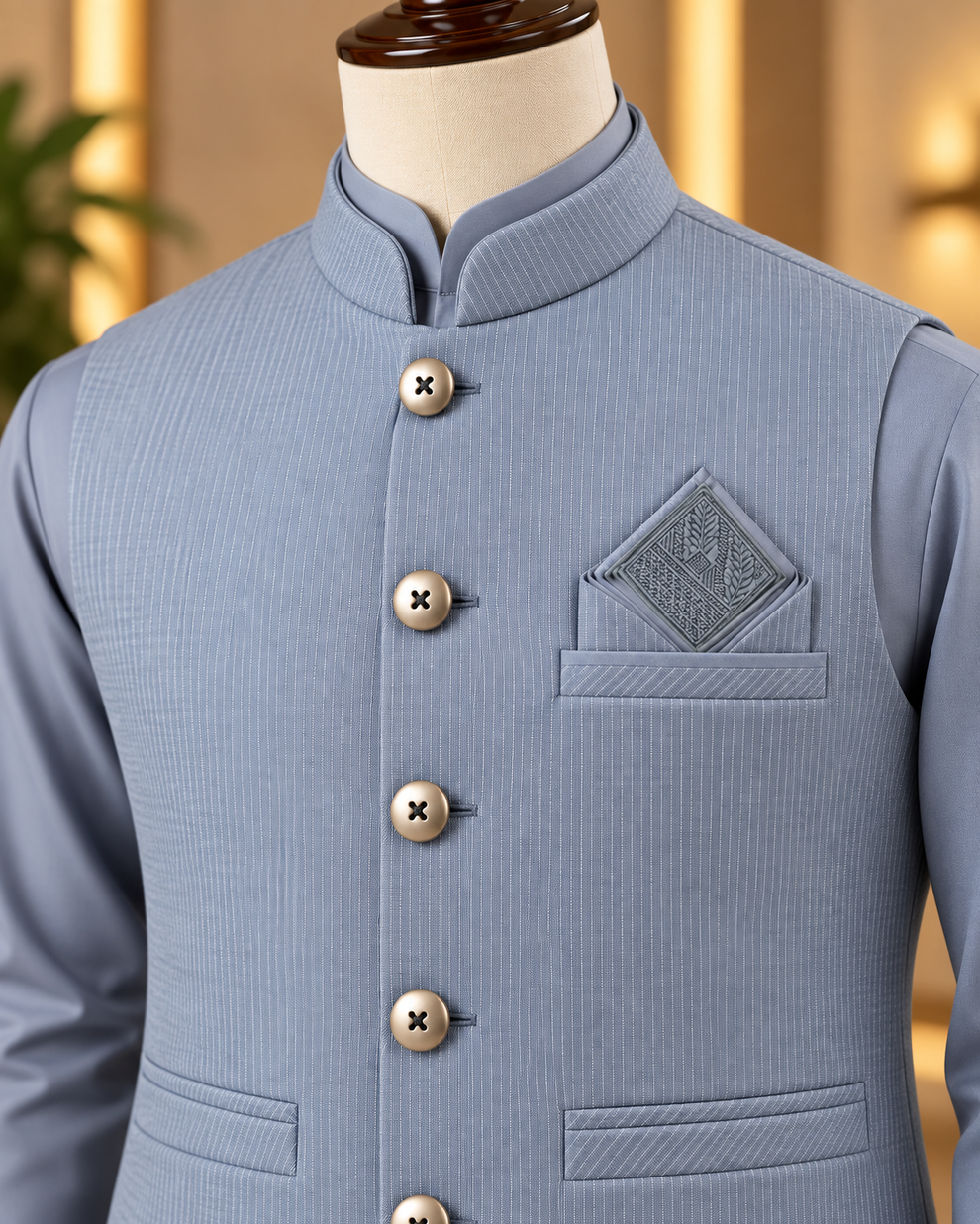 Virsa by Ruhaan Fabric steel blue men's suit with waistcoat - view 2