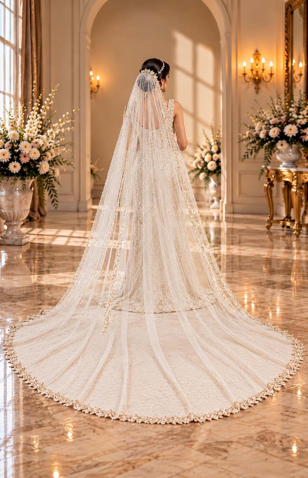 Luxury Ivory Bridal Gown with Embellished Long Veil | Premium Wedding Collection