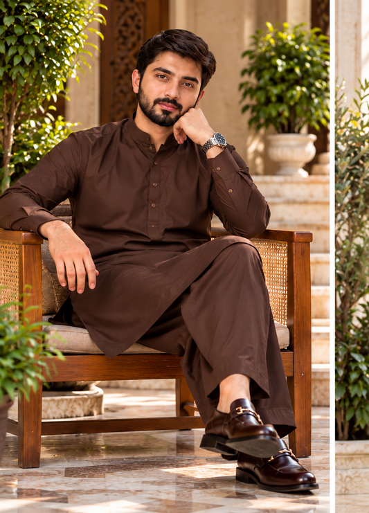 Chocolate brown soft cotton men's shalwar kameez by Ruhaan Fabric