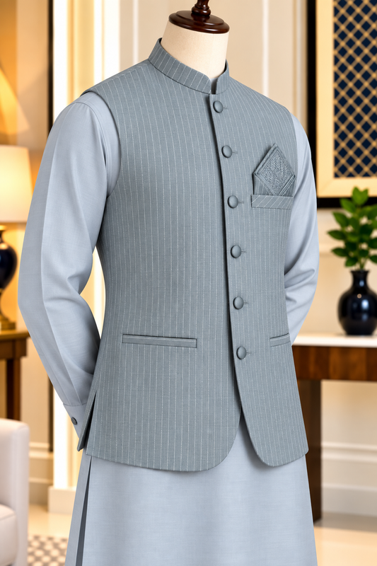 Virsa by Ruhaan Fabric taupe men's suit with waistcoat